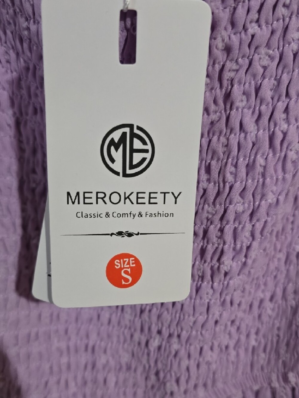 Smocked Lavender Midi Dress with Puff Sleeves - Picture 2 of 4
